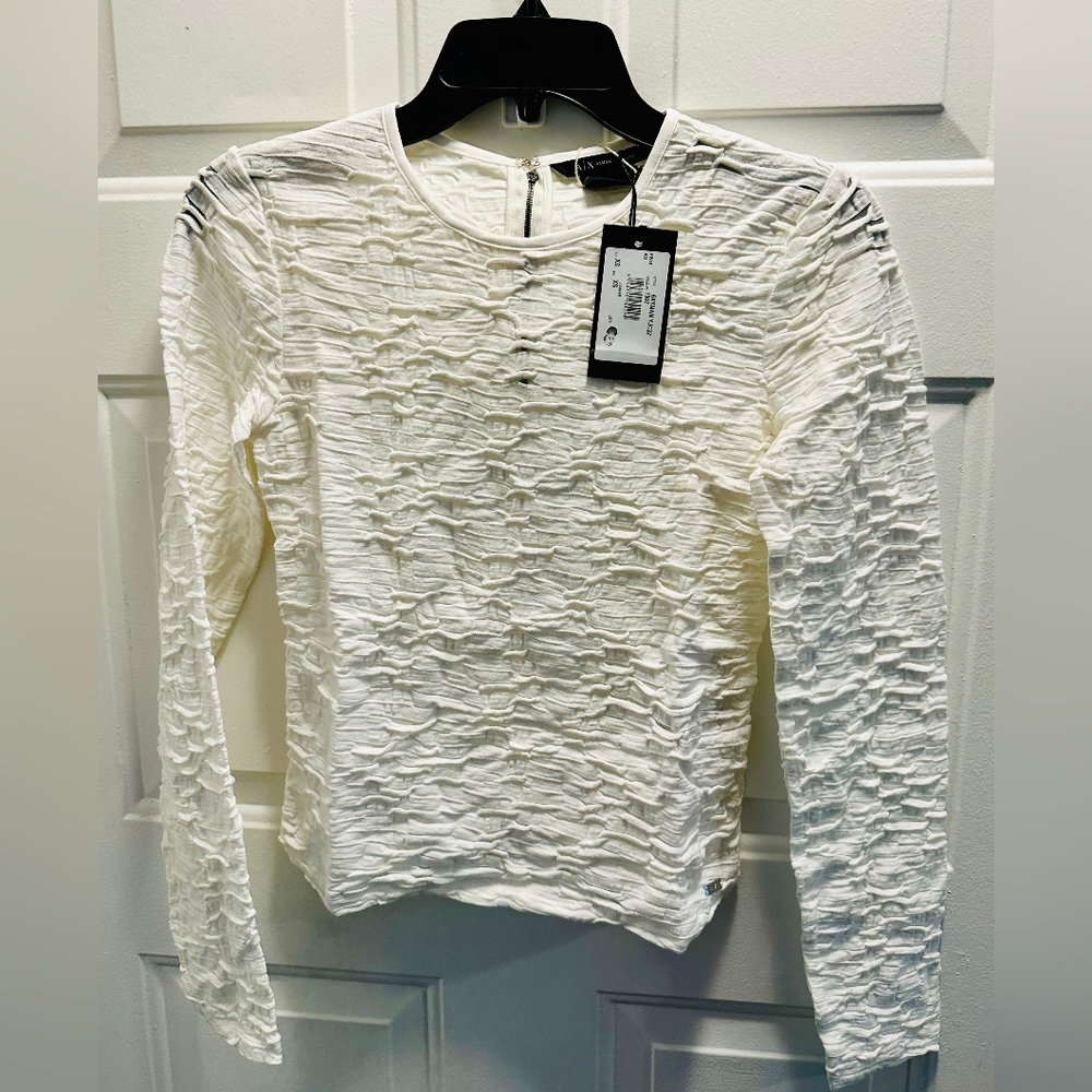 Armani Exchange White Cream Textured Long Sleeve Blouse